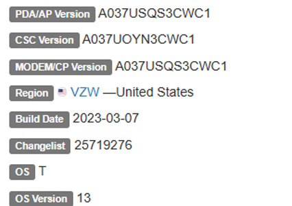 samsung galaxy a03s android 13 VZW firmware details