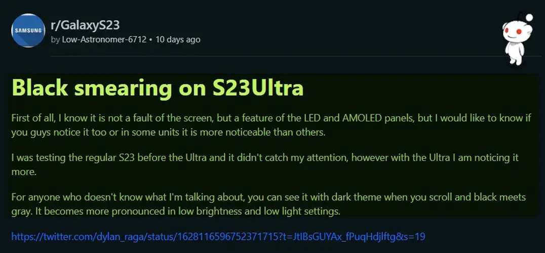 Black Smearing on Samsung Galaxy S23 Reddit Comment