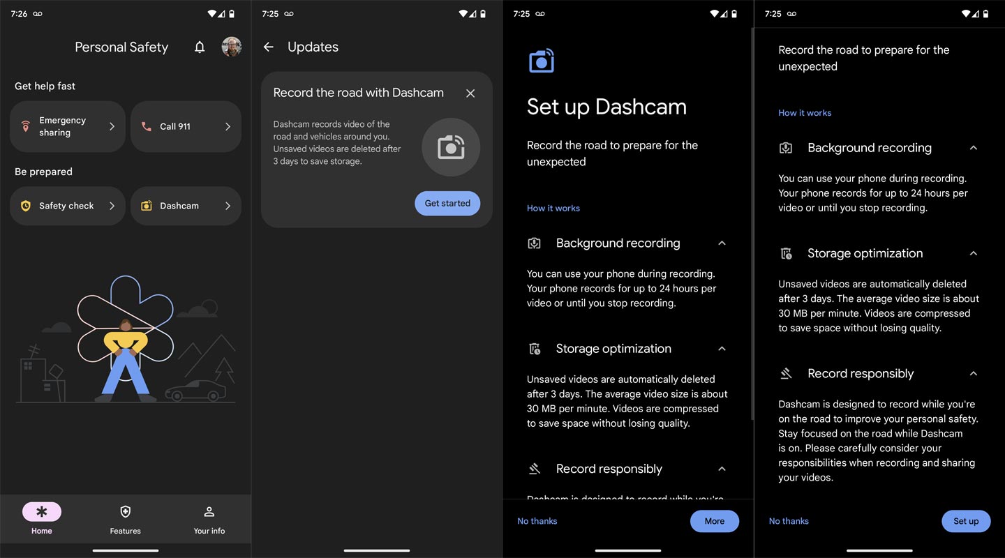 Dashcam Google Pixel Personal Safety App Screenshots