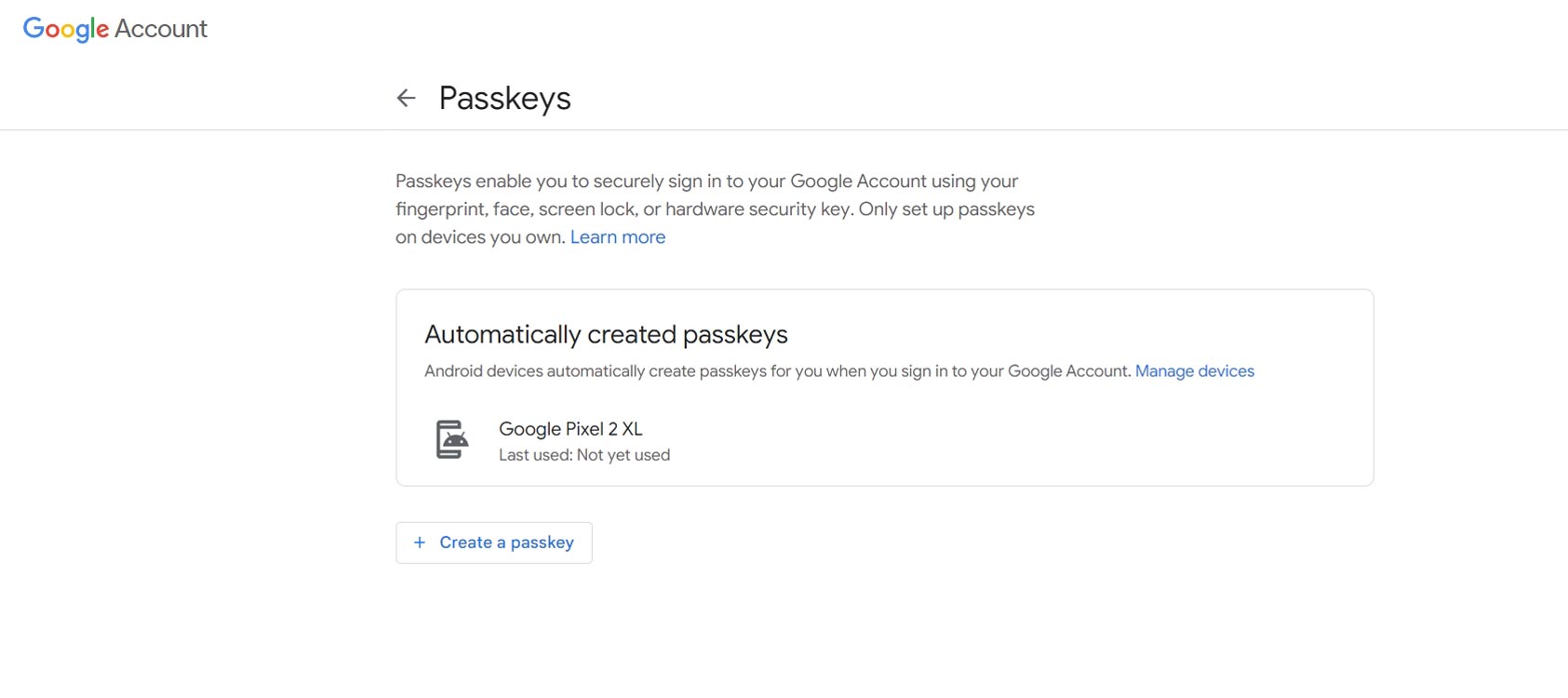 Google Account Passkeys Page