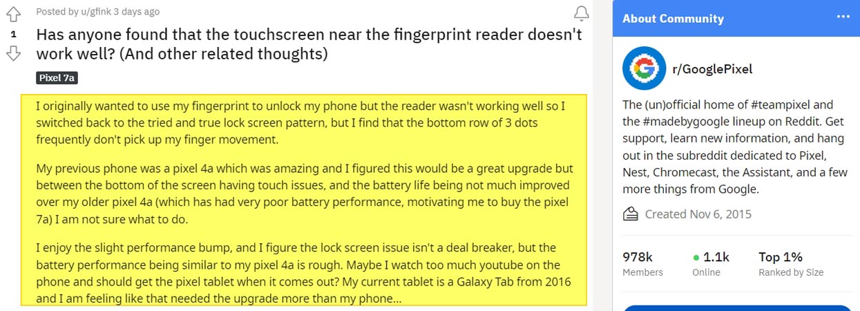 Google Pixel 7a Fingerprint Issue Reddit