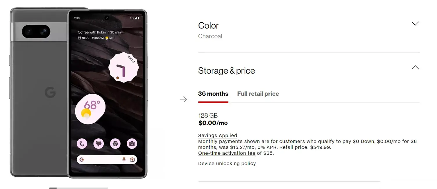 Google Pixel 7a Verizon Free Page