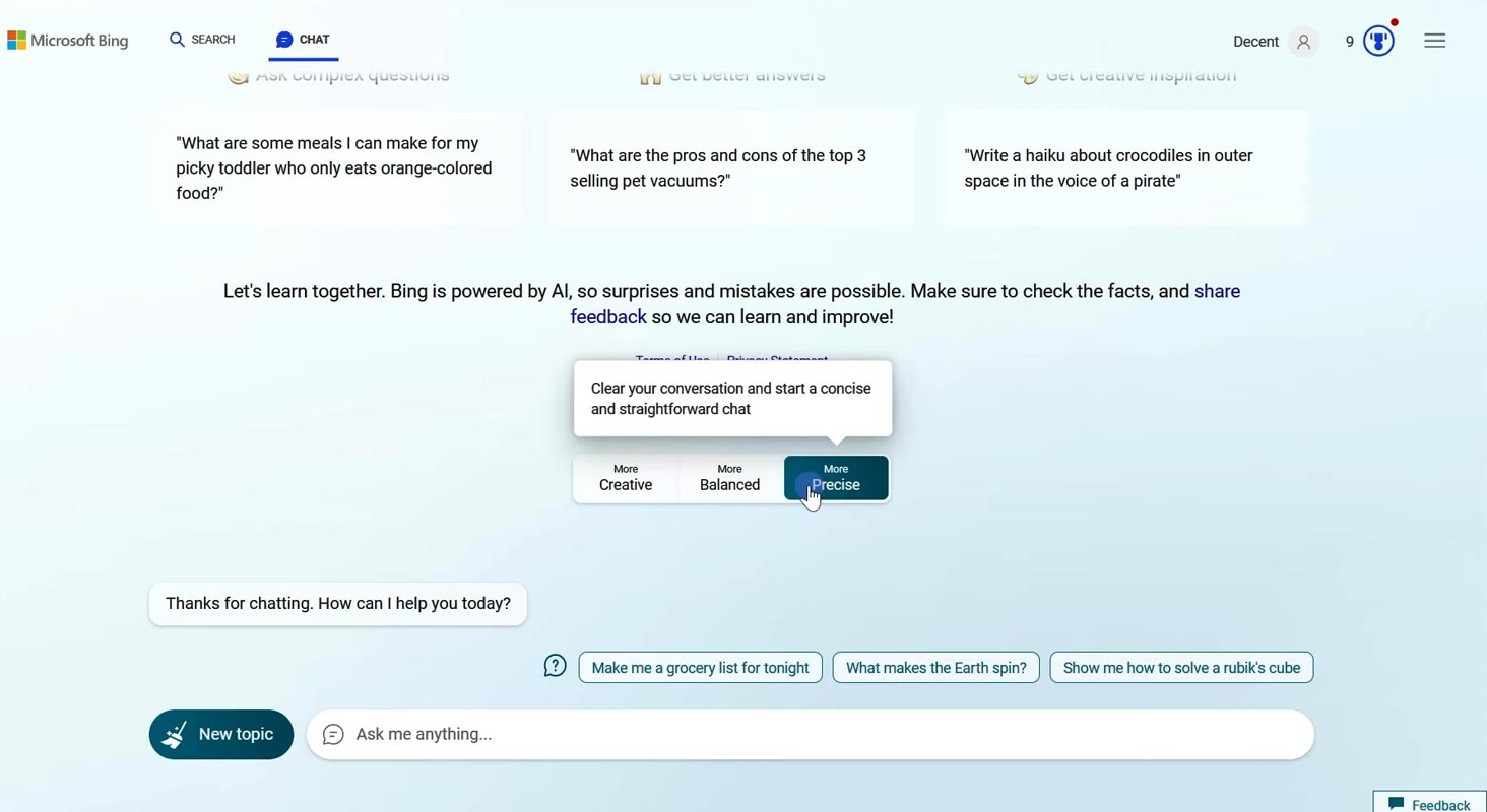 Microsoft Bing Chat GPT-4 Preview Screen