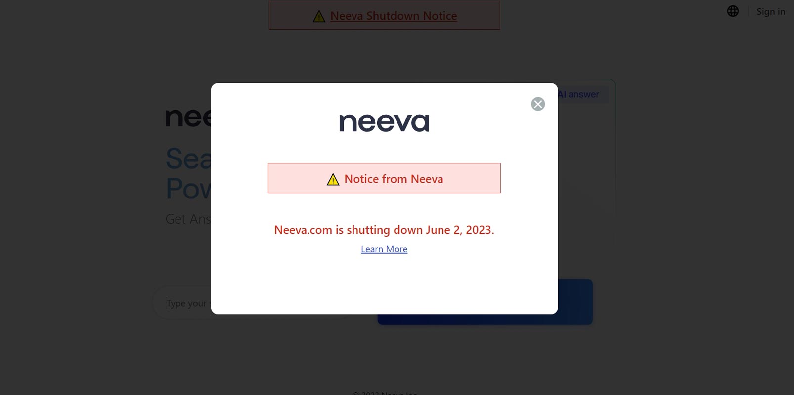 Neeva Search Engine Shutdown Notice