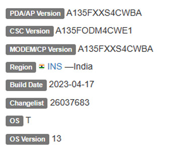 SAMSUNG GALAXY A13 ANDROID 13 FIRMWARE DETAILS