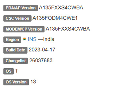 SAMSUNG GALAXY A13 ANDROID 13 FIRMWARE DETAILS
