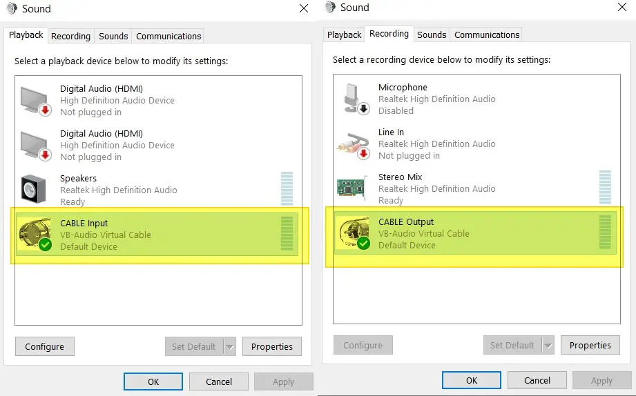 VB-CABLE Virtual Audio Setup in Windows Sound Settings