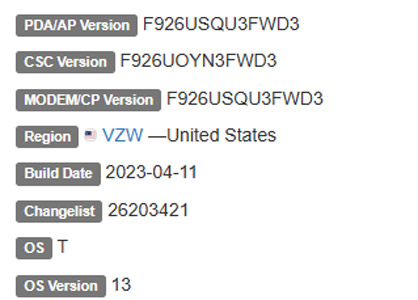 samsung galaxy z fold 3 android 13 VZW firmware details