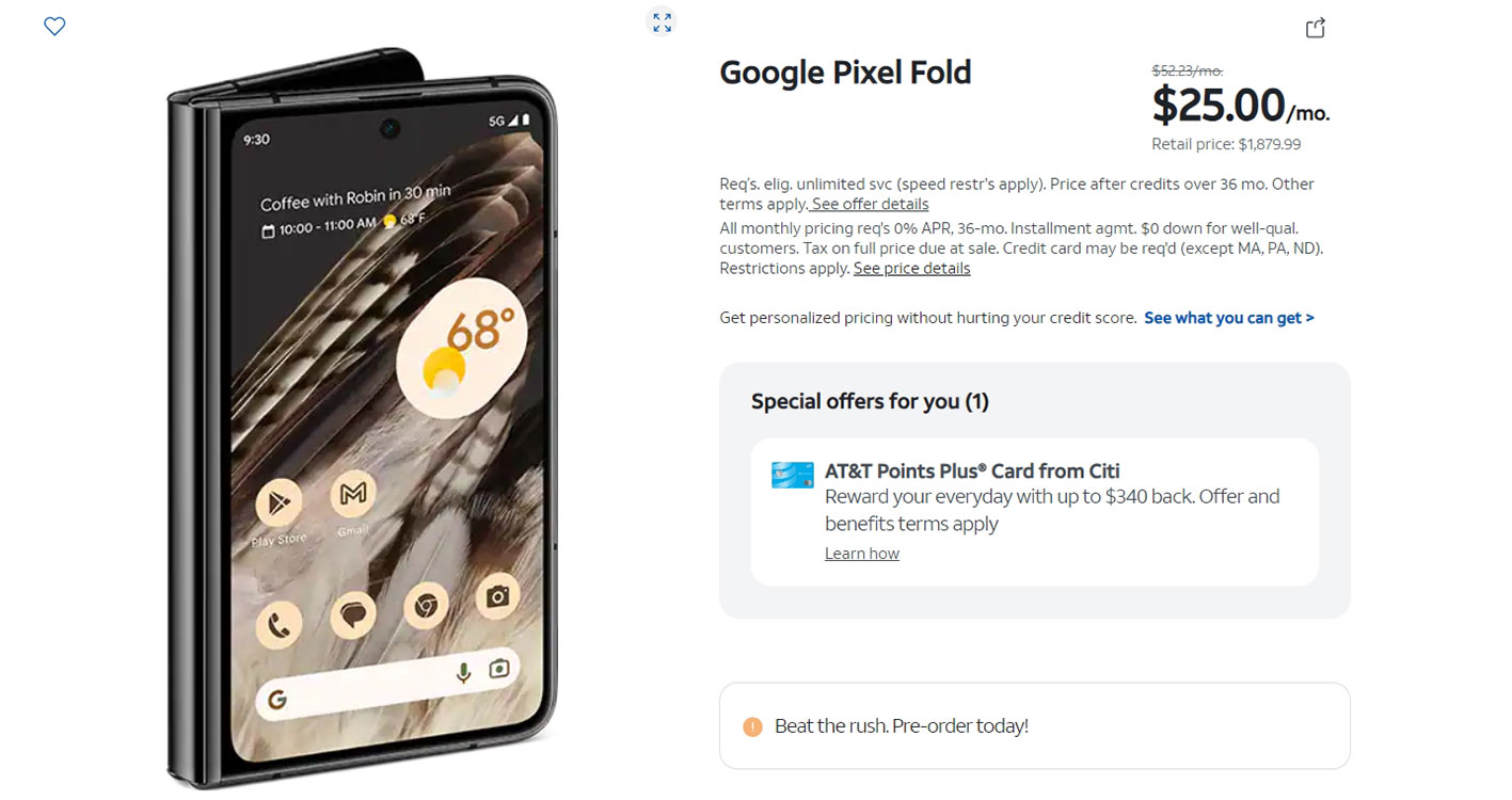 Google Pixel Fold available for $900 in ATT