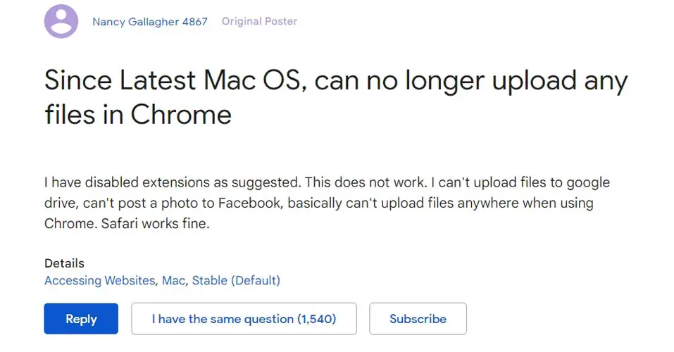 MacOS Google Chrome Can't Upload Forum Details