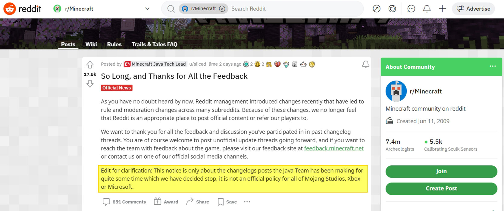 Minecraft Java Changelogs Team Exit Reddit Official Status