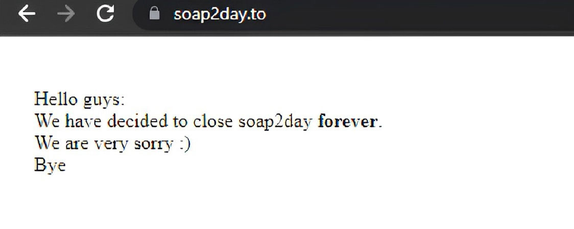Soap2Day Shutdown Message