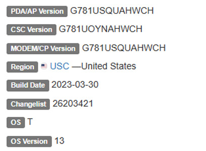 samsug galaxy s20 fe android 13 USC firmware details