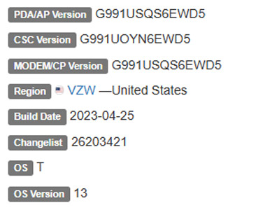 samsung galaxy s21 android 13 VZW firmware details