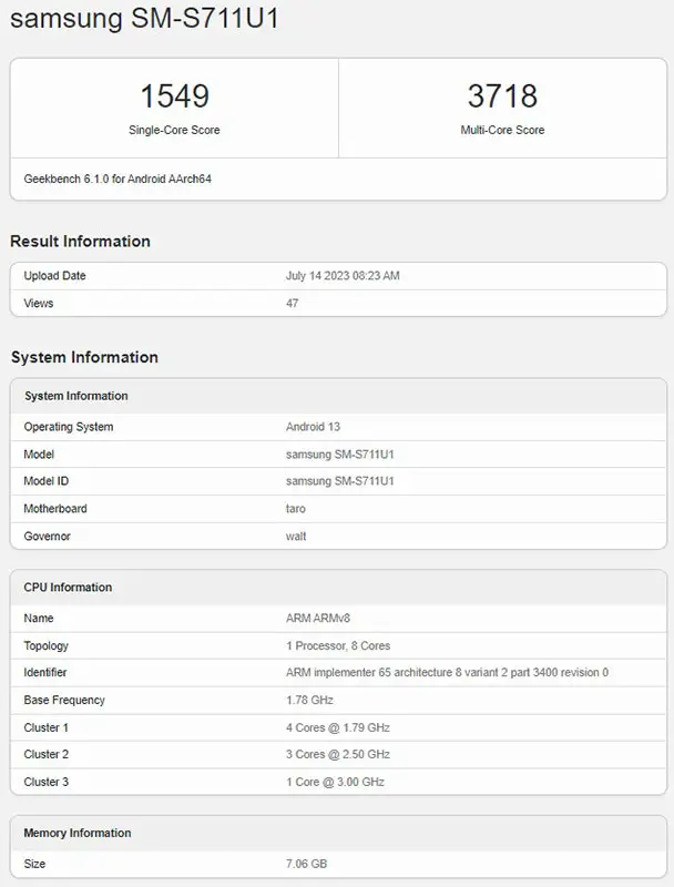 Samsung Galaxy S23 FE Geekbench Score