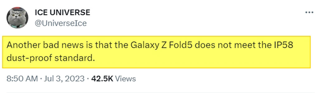 Samsung Galaxy Z Fold 5 stick with IPX8 Rating Tweet