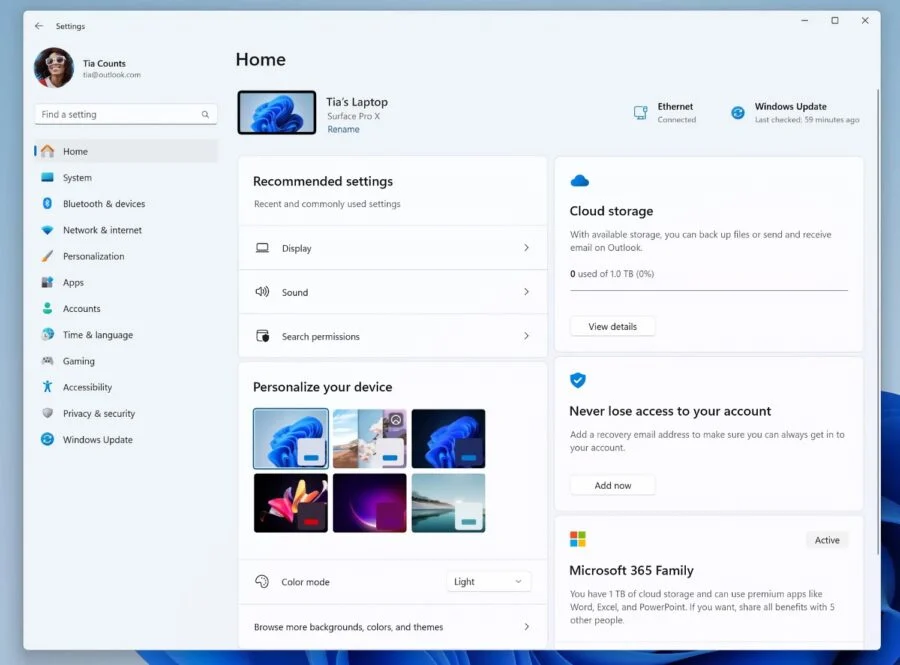 Windows Settings Homepage