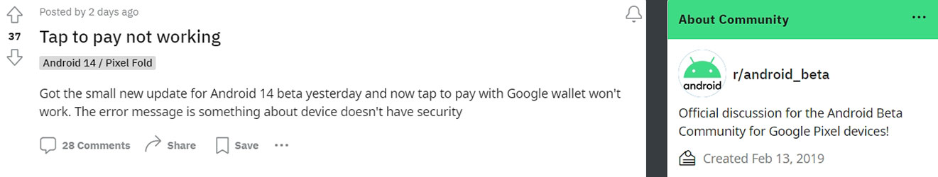 Google Wallet not working After Android 14 QPR1 Beta Reddit Post