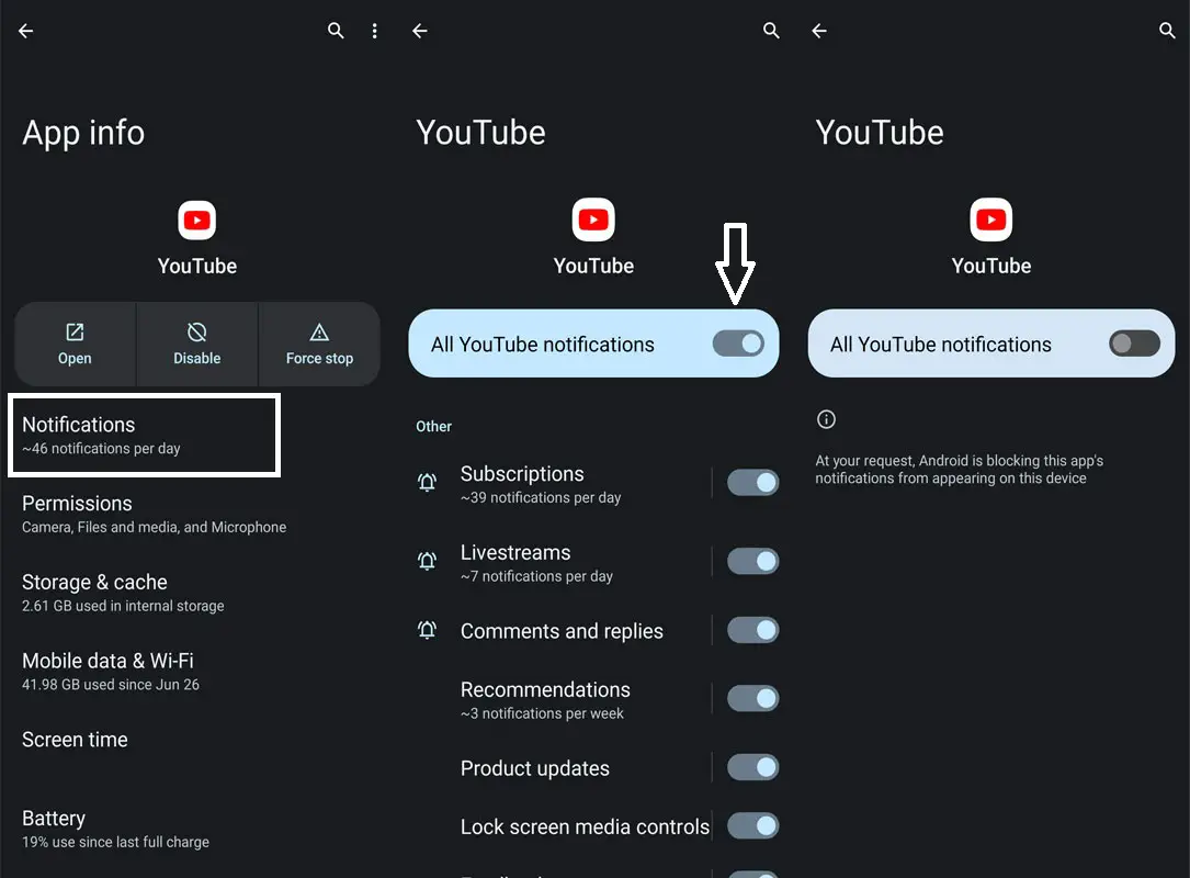 youtube notification off