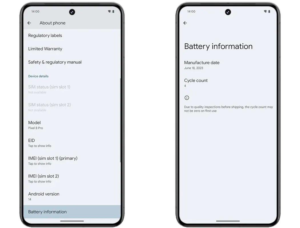 Battery Cycle Count on Android 14 Screenshots