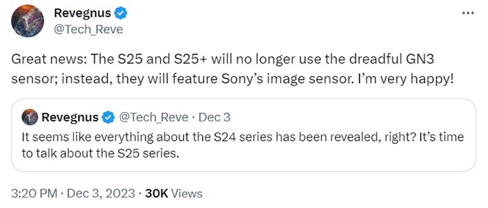 Samsung Galaxy S25 will use Sony Camera Sensors Tweet