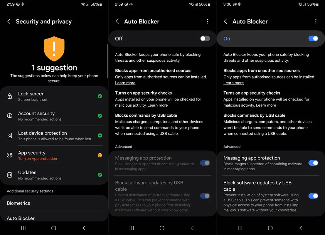 Samsung Galaxy App Protection Screenshots