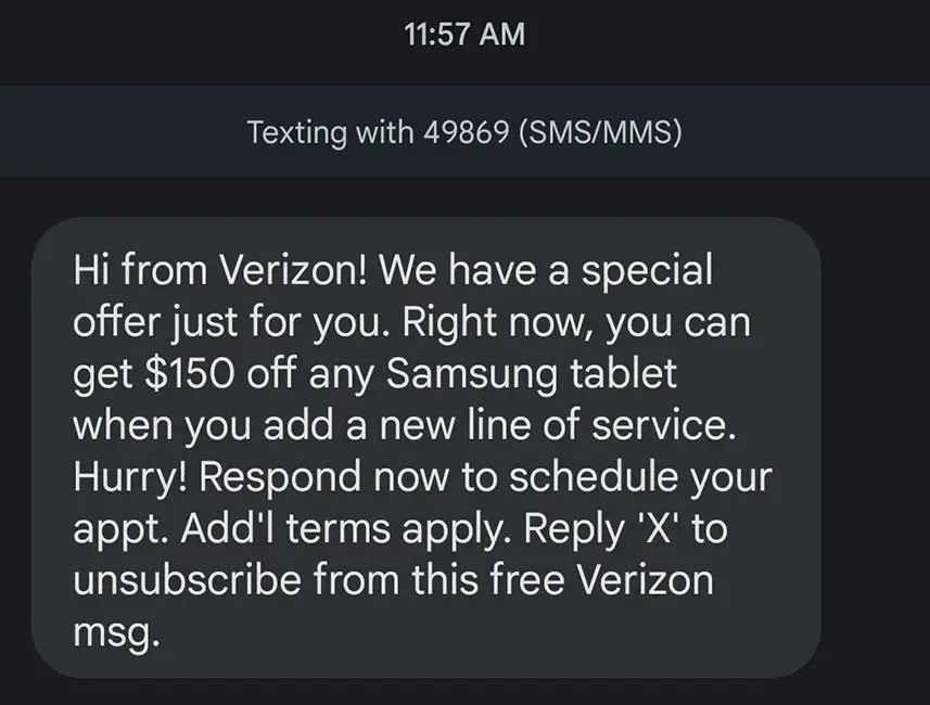Verizon 49869 SMS Phishing Scam
