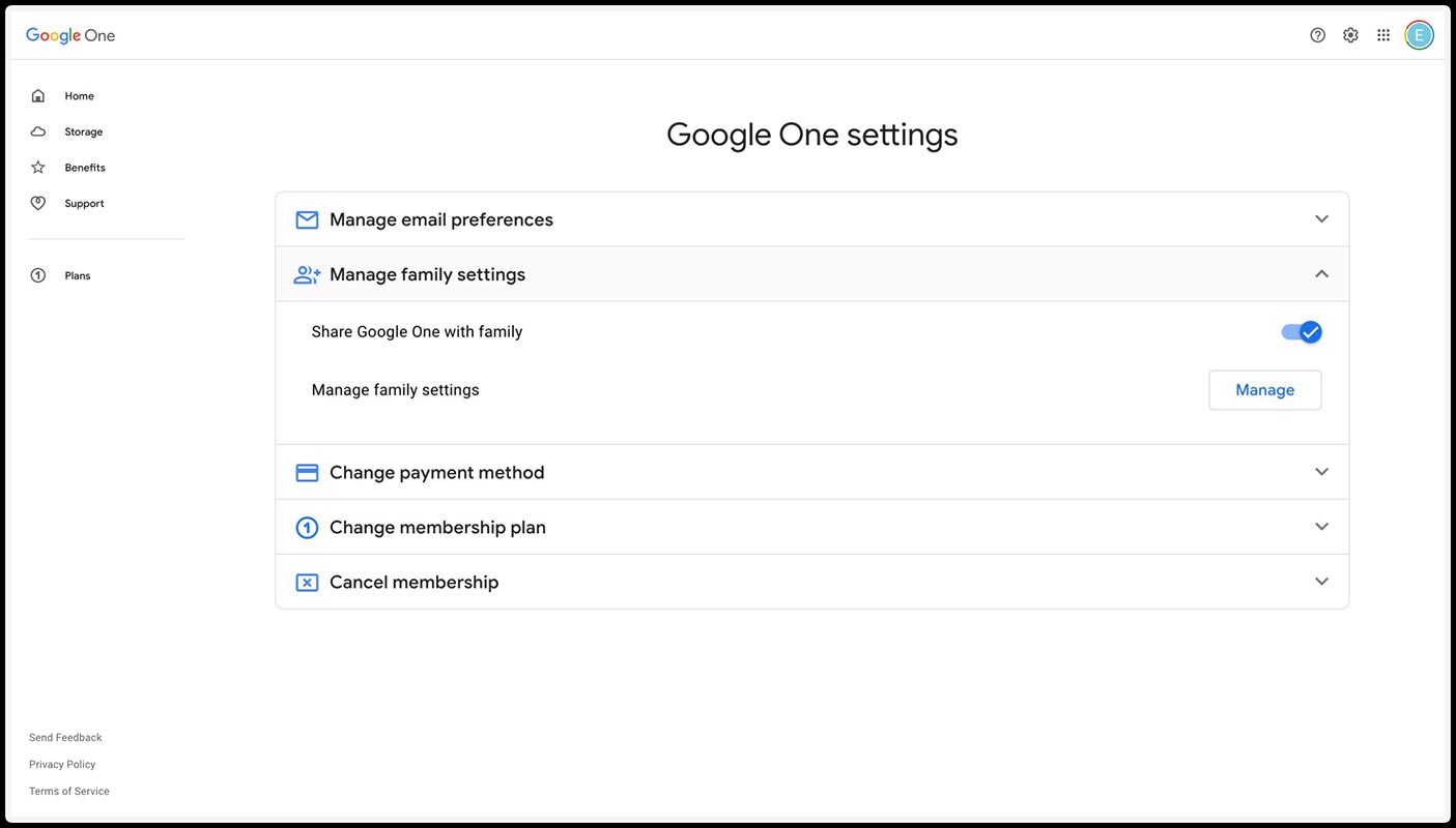 Share with Google One Family Settings