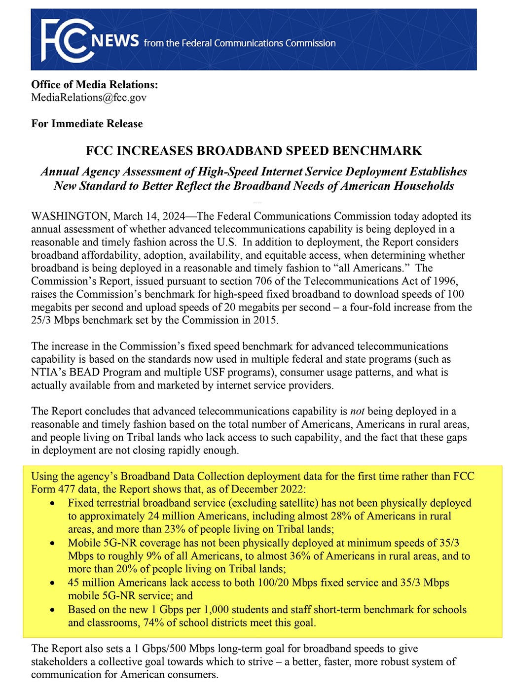 FCC Recommends 100 Mbps as Minimum Speed Official Statement