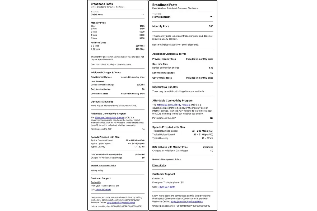 T-Mobile Broadband Nutrition Label Screenshot