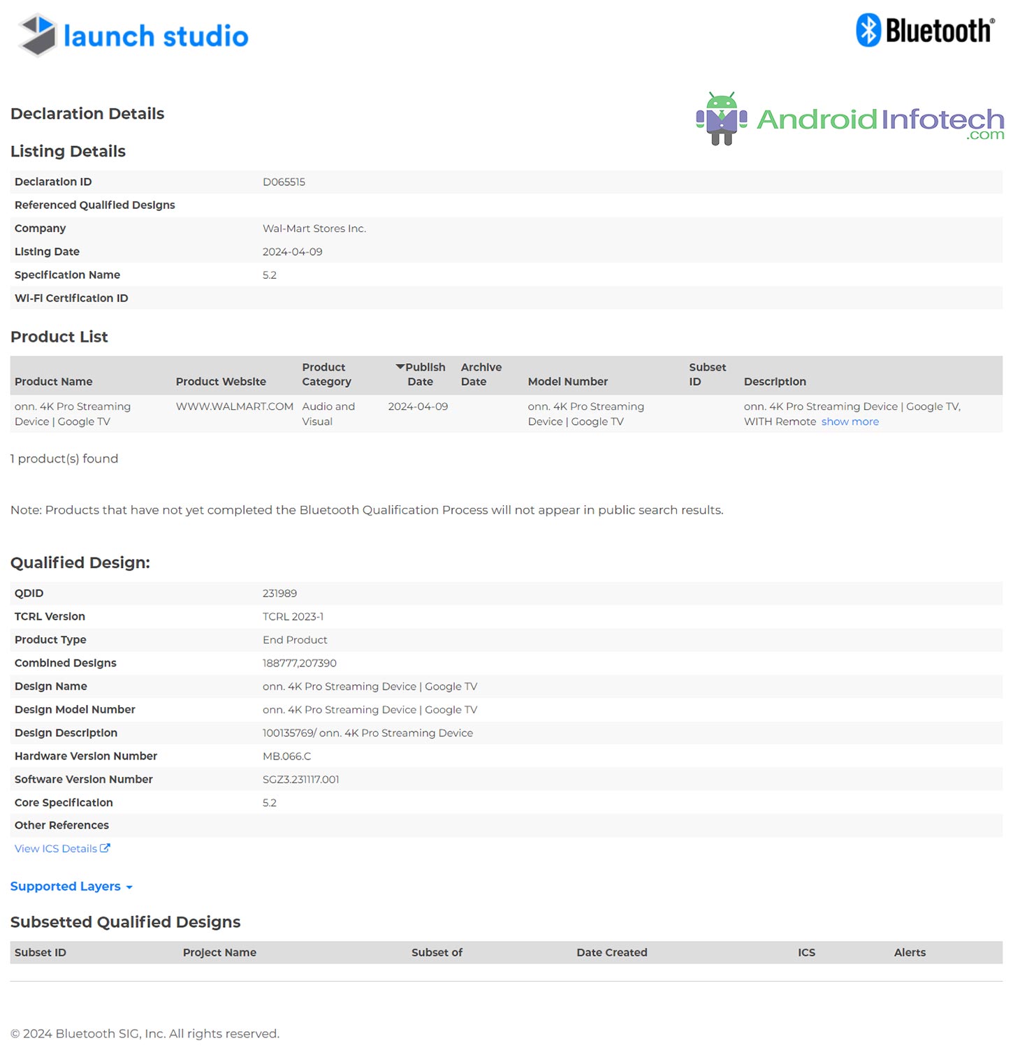 Walmert Onn Google 4K TV Bluetooth SIG Listing