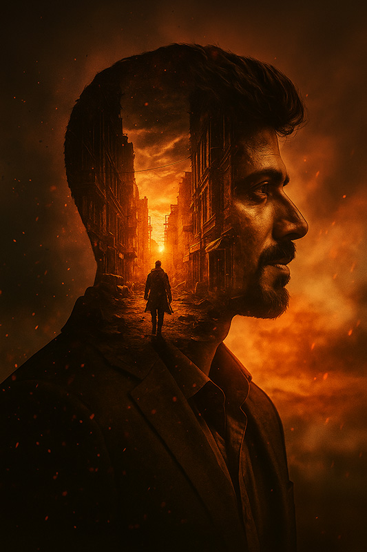 A Cinematic Fusion of Man and Post-Apocalyptic Cityscape Image Frame