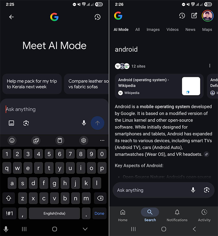 Google AI Search Mode Screenshots