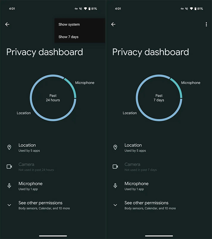Privacy Dashboard in Android 16 Screenshots