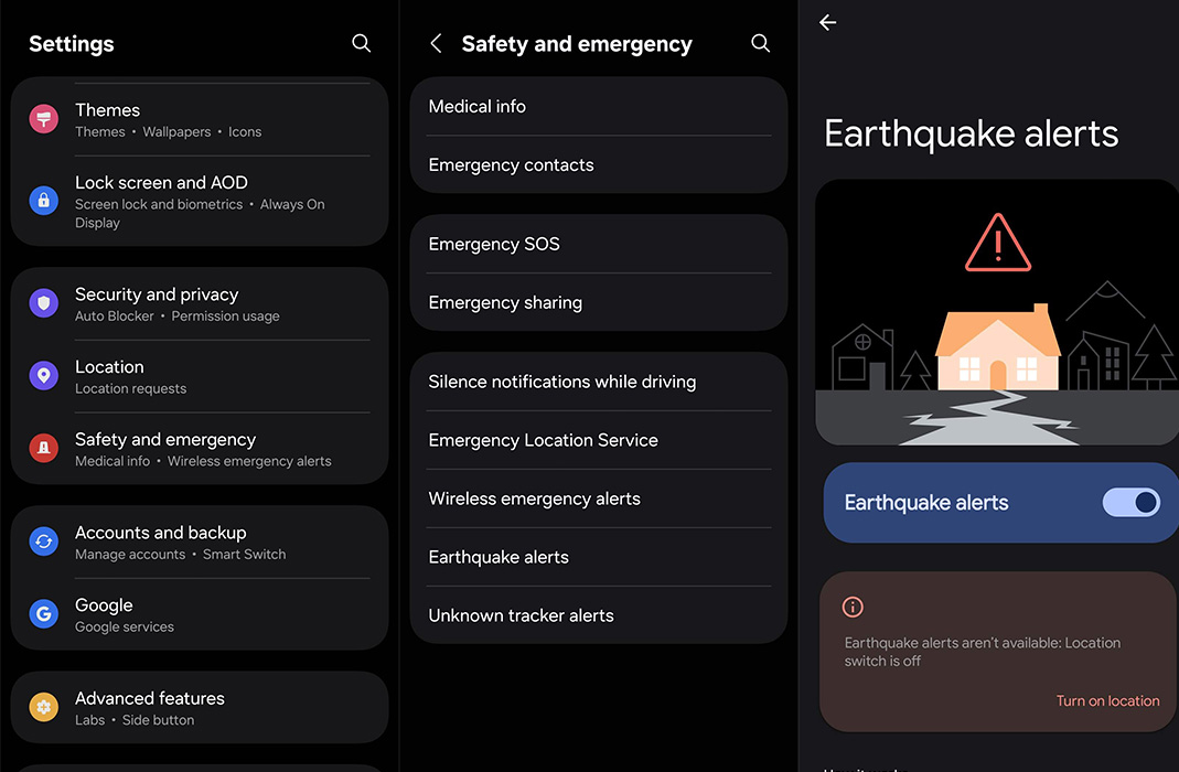 enable Android earthquake screenshots